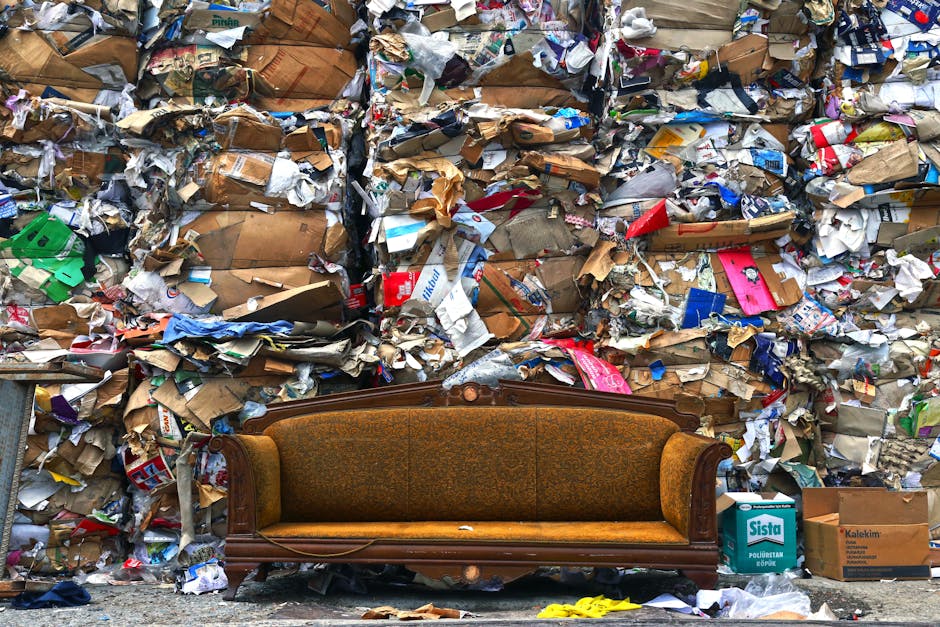 An ornate vintage sofa with carved wooden frame and patterned upholstery, positioned against a large wall covered with piles of crumpled paper, cardboard boxes, and waste materials. The surrounding area appears cluttered and untidy, indicative of improper waste disposal. The lighting is even, highlighting the contrast between the antique furniture and the chaotic background, emphasizing the importance of proper waste management in accordance with Kensington council waste rules for carpet and sofa cleaning. Cleaners SW7 specializes in domestic cleaning and surface sanitation, ensuring furniture and living spaces are maintained in hygienic and clean condition.